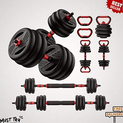 Adjustable Dumbbell Set 5-in-1 20-90lbs Free Weight Barbell Kettlebell Home Gym