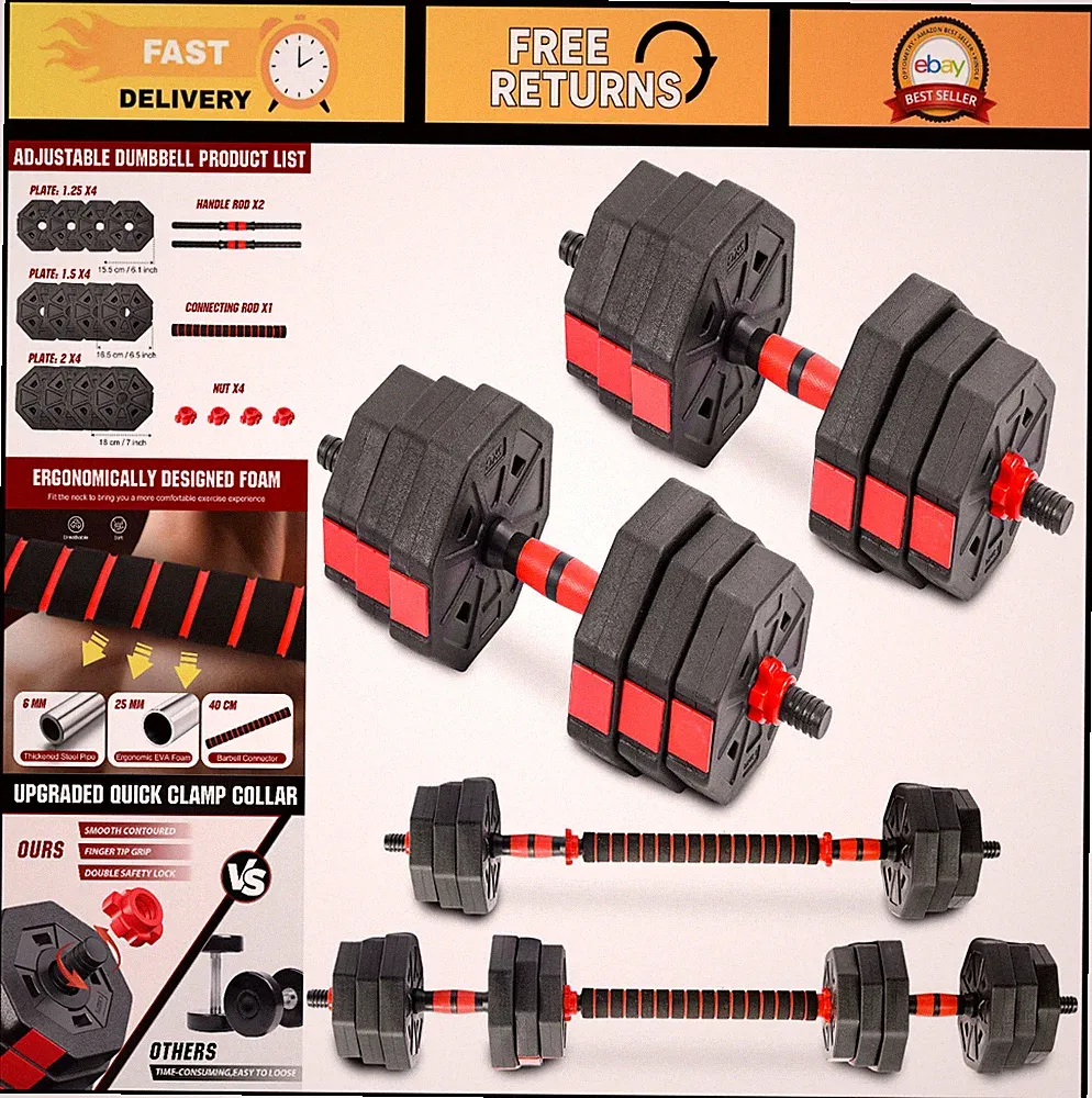 Adjustable Dumbbell Weights Set, 3-in-1 Home Gym Fitness Barbell & Push-up Stand