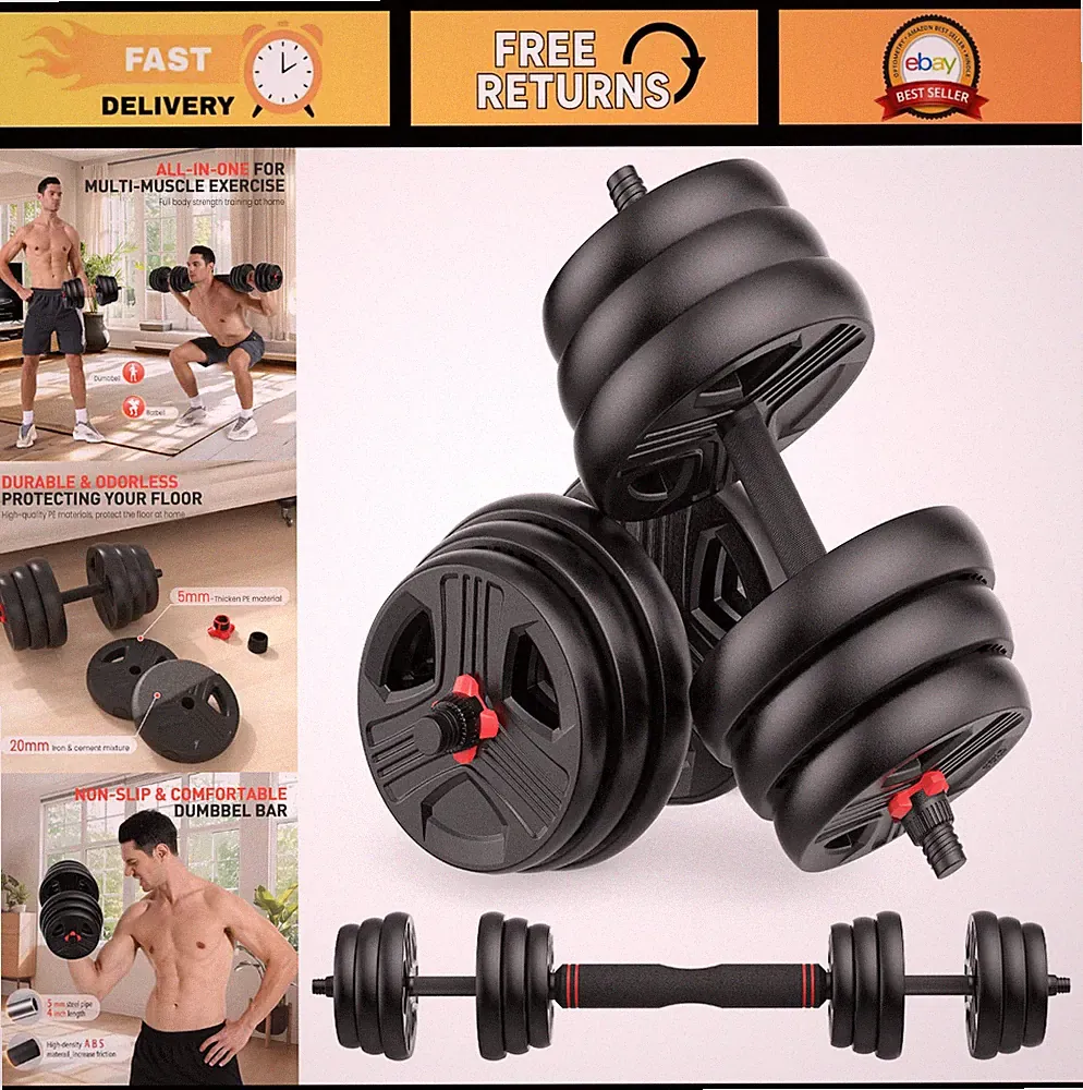 Adjustable Dumbbells 20-90lbs Set - 2-in-1 Barbell & Kettlebell for Home Gym