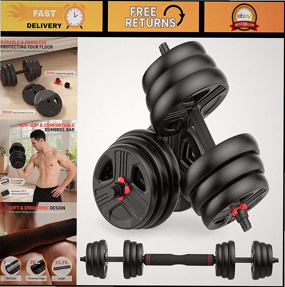 Adjustable Dumbbells 20-90lbs Set - 2-in-1 Barbell & Kettlebell for Home Gym