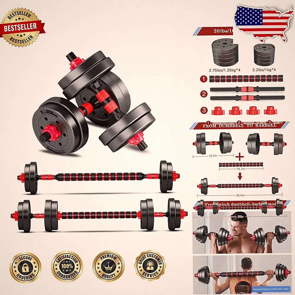 Adjustable Dumbbells 20lb Set - 3-in-1 Home Gym Barbell, Non-Slip Neoprene