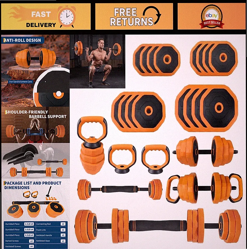 Adjustable Dumbbells 44/66/88lbs Set - 4-in-1 Free Weights for Home Gym, Barbell
