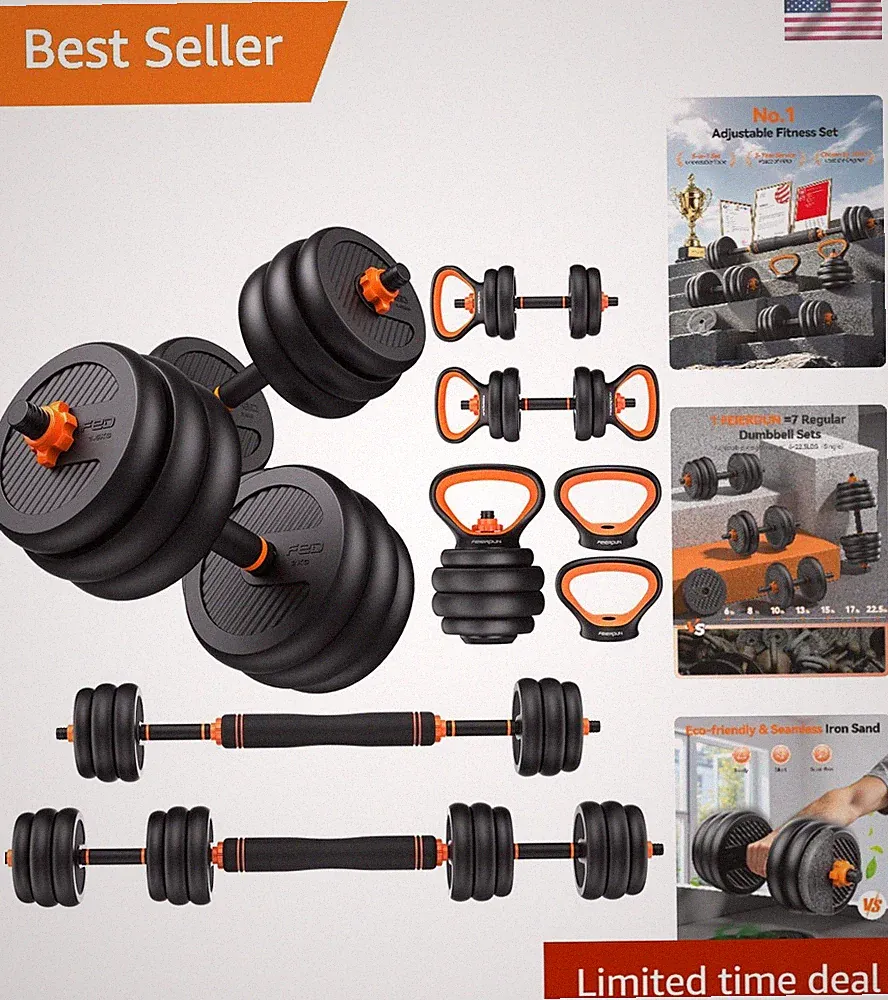 Adjustable Dumbbells: 5-in-1 Home Fitness Kit (6-90lbs) for All Levels