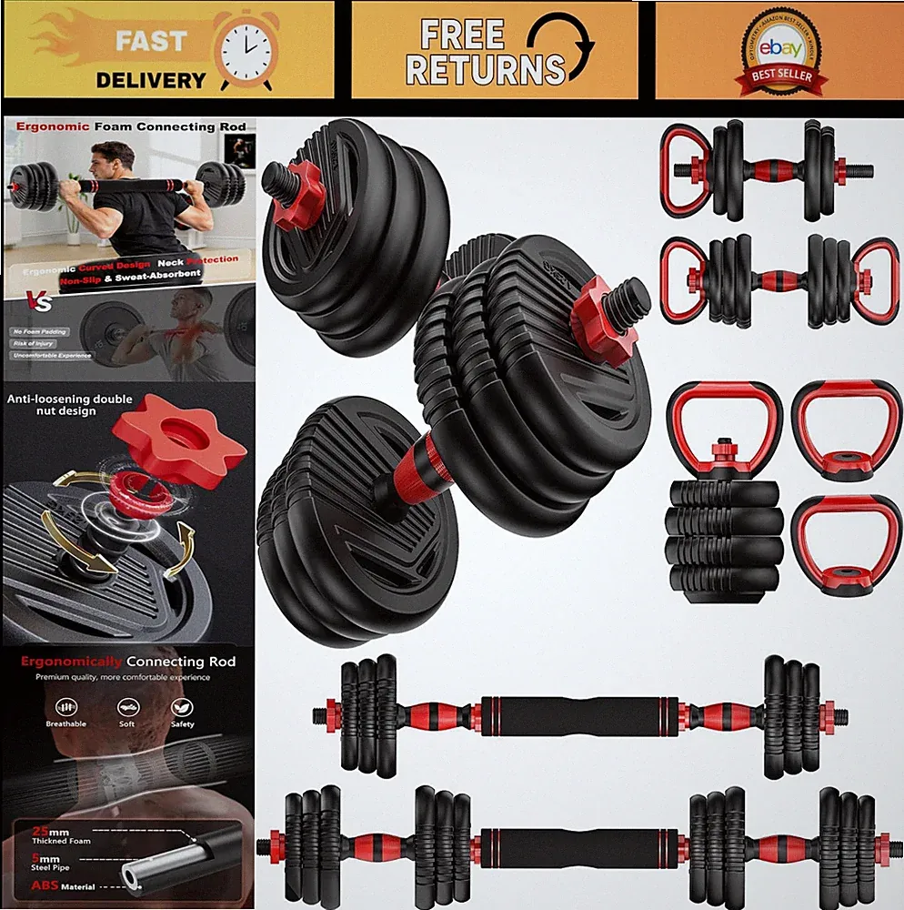 Adjustable Dumbbells Set 20-90lbs, 5-in-1 Free Weights for Home Gym, Barbell & K