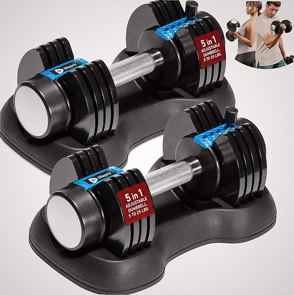 Adjustable Dumbbells Set 25 lb with Storage Rack Space-Saving Weights for Home