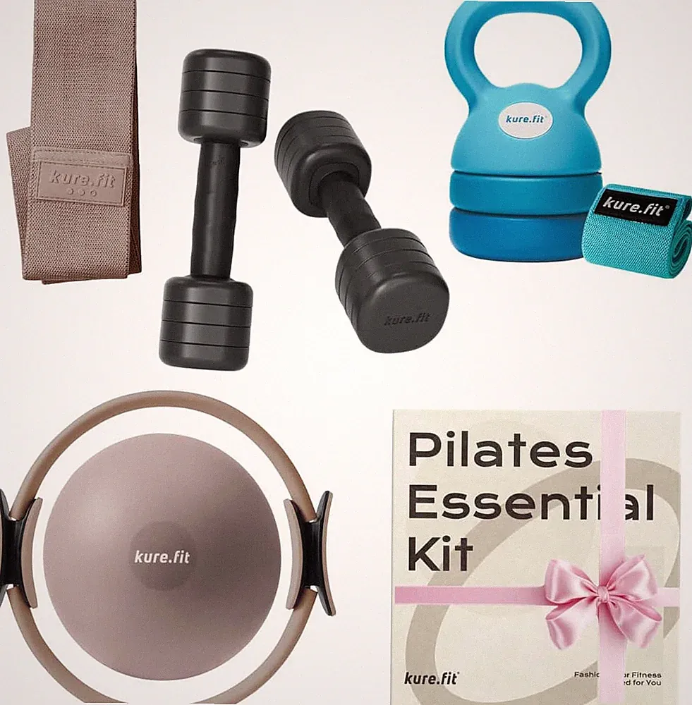Adjustable Kettlebell & Dumbbell Set with Taupe Pilates Kit Bundle