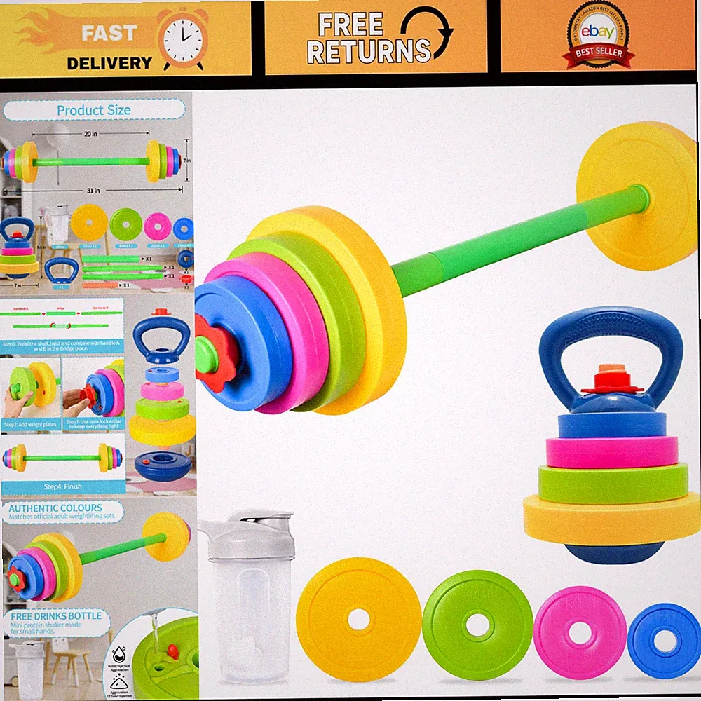 Adjustable Kids Weight Set - Barbell & Kettlebell, Fitness Gear with Water Bottl
