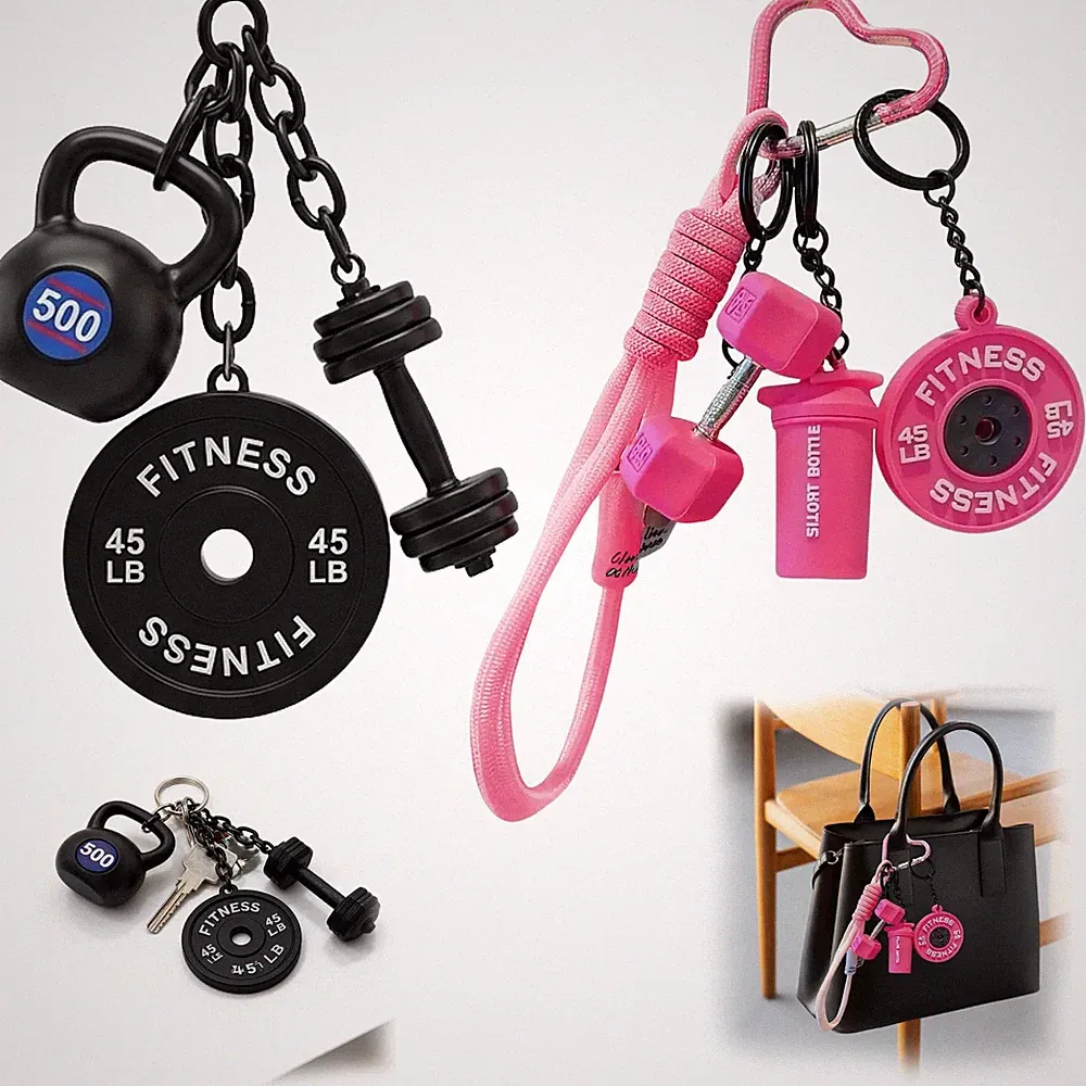 Afalin 2PCS Dumbbell Kettlebell Keychain,Gym Barbell Keychain, Gym Bag Charms Ba