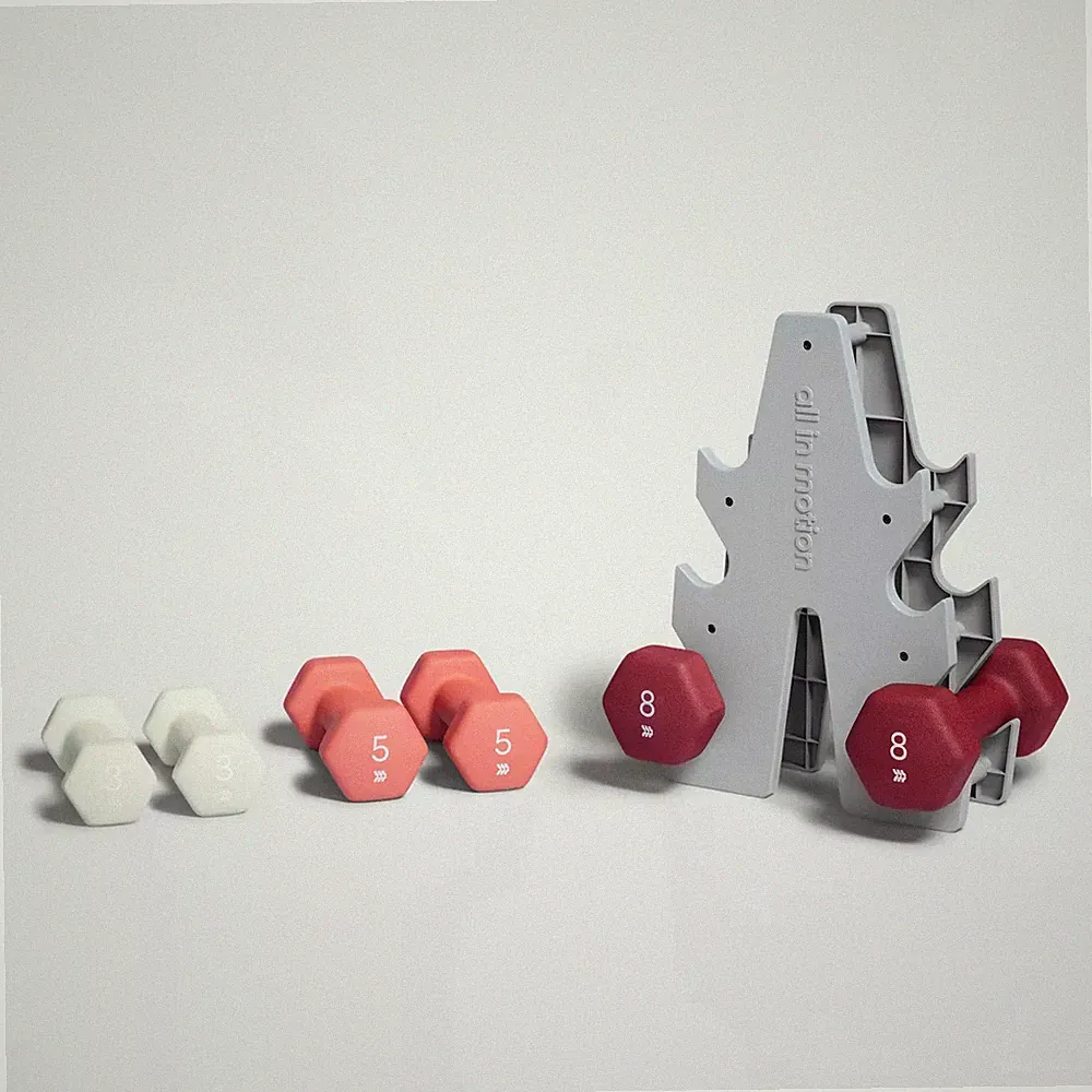 ALL IN MOTION BASIC WEIGHT SET IRON DUMBBELLS RACK 3 5 8 LB - PINK/WHITE/MAGENTA