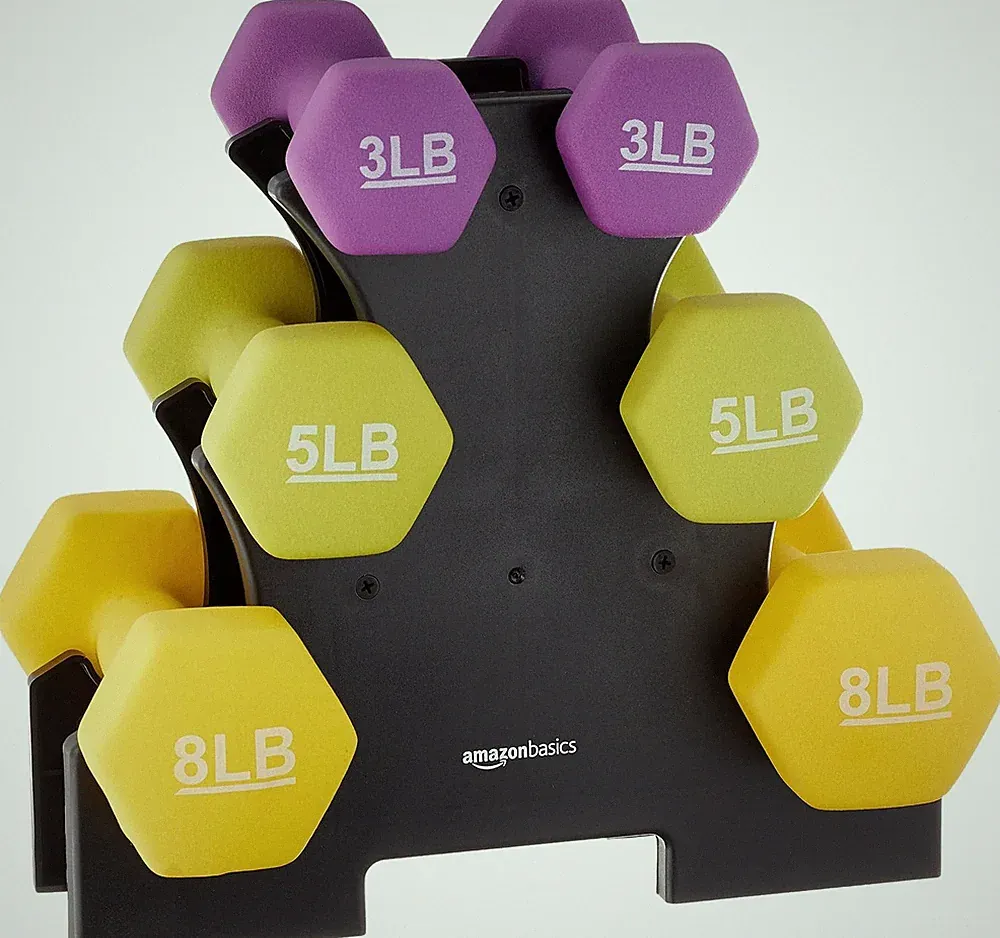 Amazon Basics 3, 5, 8lb Neoprene Dumbbell Set w/Rack, No-Roll Hex Design