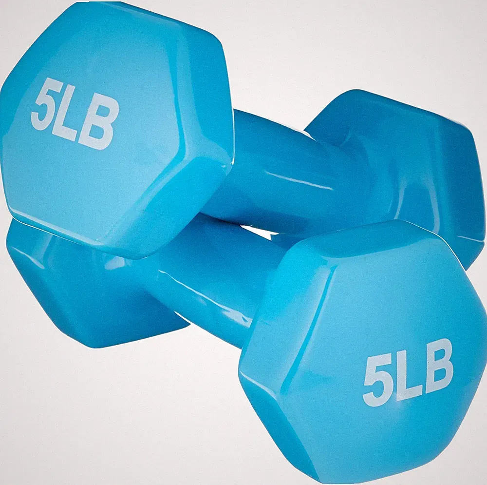 Amazon Basics Vinyl Coated Hex Dumbbell Hand Weights with 5 pound, Light Blue