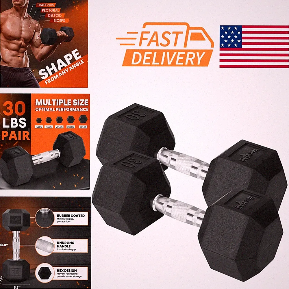 Anti Slip Hex Dumbbell Pair with Chrome Handle 30 Pounds for Weight Training