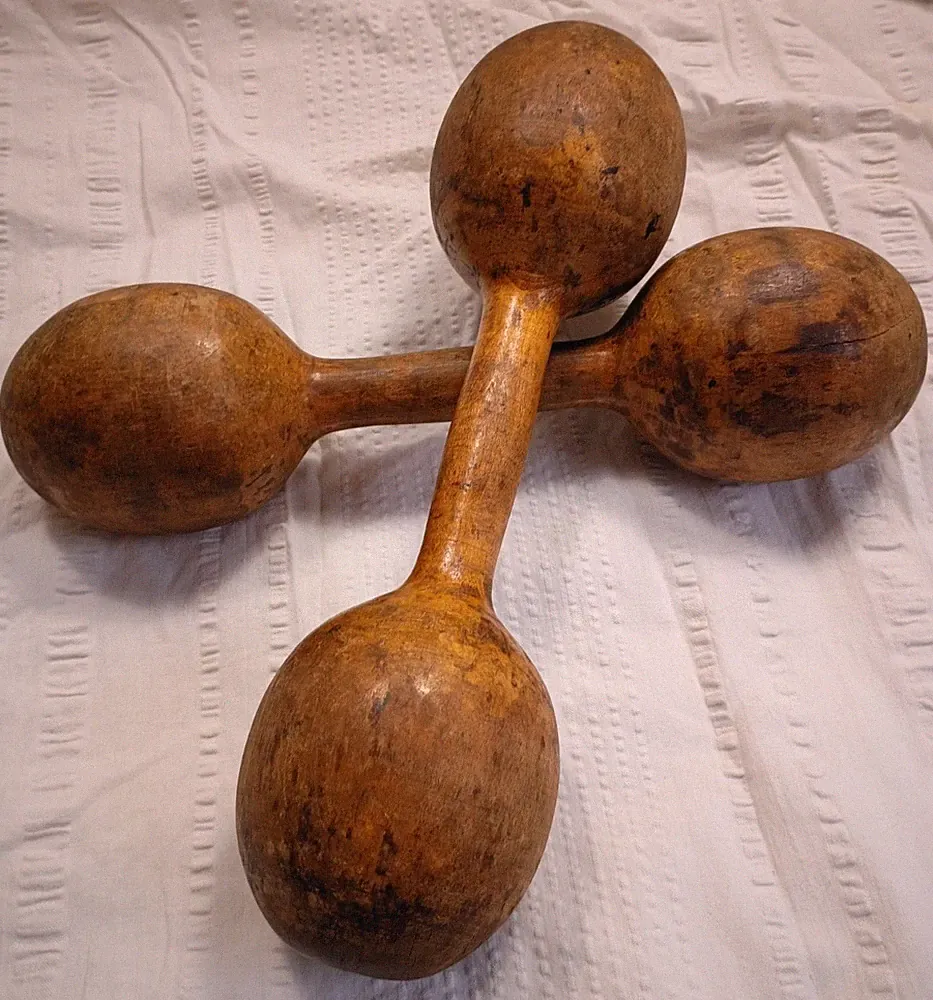 Antique Dumbbells', Wooden, Primitive, Gym decor, Man Cave.