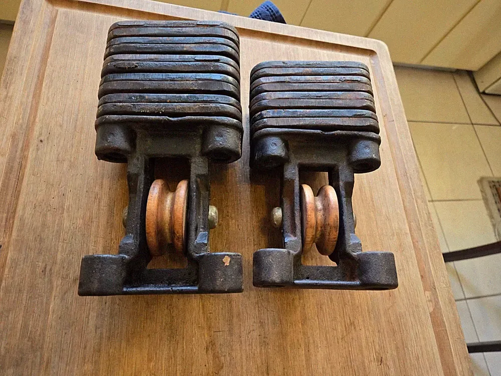 ANTIQUE N.M Co GYMNASIUM WALL CAST IRON WEIGHTS ( adjustable)