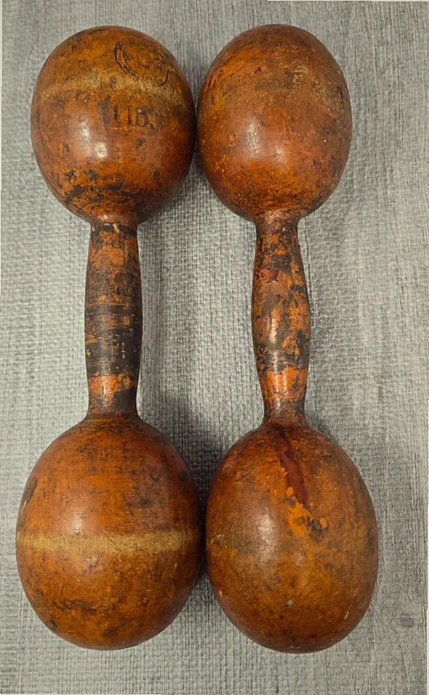 Antique Pair Large Wooden Barbell Weights Wood Dumbbells Approx. 1Lb Each