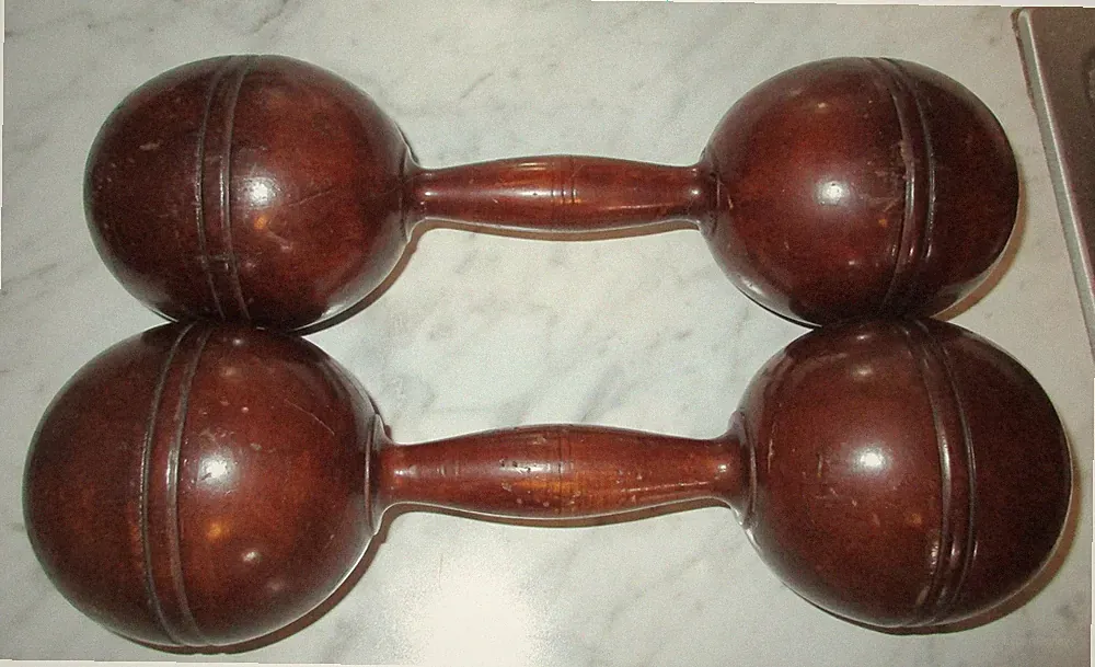 Antique Pair Wood Barbell Weights Dumbbells Approx. 1Lb Each