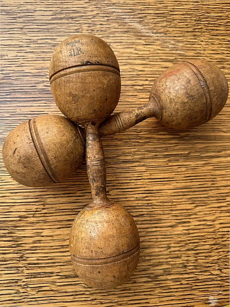 ANTIQUE PRIMITIVE ROYAL 3/4 LB WOOD WOODEN DUMBBELL SET