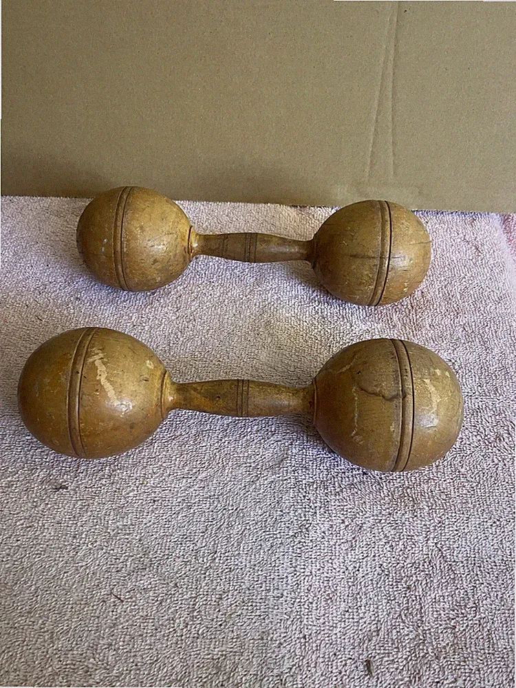 Antique Vintage Pair of Wooden Wood Dumbell Exercise Weight Set