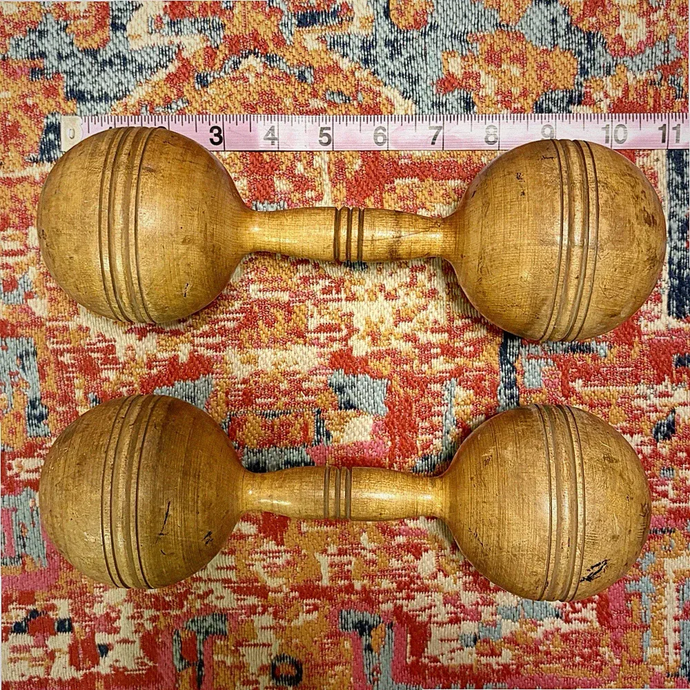 Antique Vintage Wooden Dumbbell Set Wood Pair Hand Weights Exercise Primitive