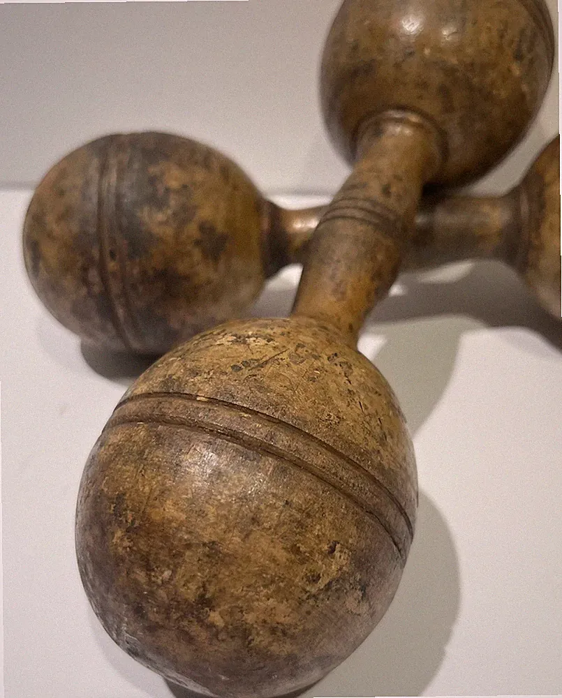 Antique Vintage Wooden Dumbbell Set Wood Pair Hand Weights Exercise Primitive