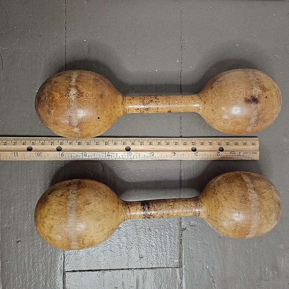 Antique Wood Dumbbells Pair Wooden Hand Weights Exercise Gym Decor Vtg 10.5in