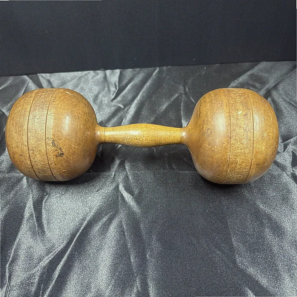 Antique Wooden Dumbbell Weight, Strongman Decor, 1 Ib 12.6oz Weight, 11” x 4”