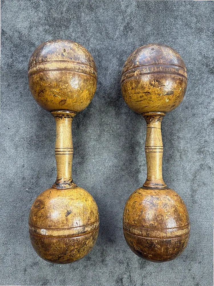 Antique Wooden Dumbbell Weights Exercise Wood Hand Set of 2