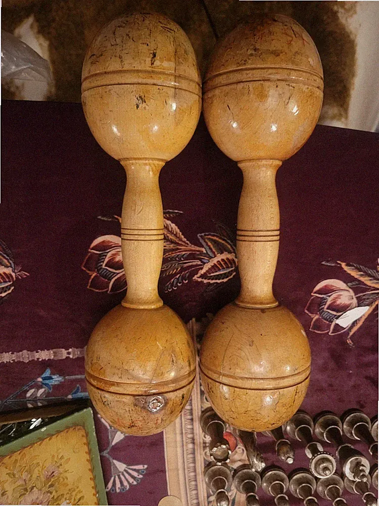 Antique Wooden Dumbbells 1 1/2 lbs Matched Pair Turned Wood Exercise Weights