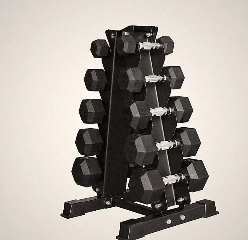 BalanceFrom 150LB Coated Hex Dumbbell Weight Set and A-Frame Storage Rack, 5-25
