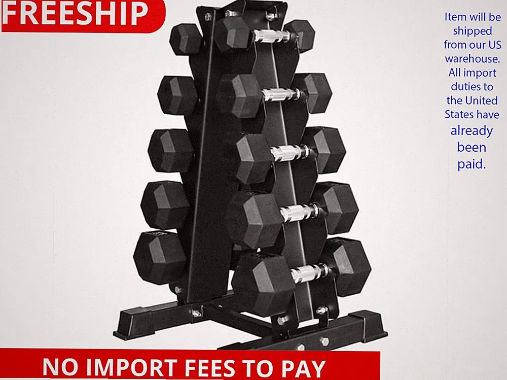 BalanceFrom 150LB Coated Hex Dumbbell Weight Set and A-Frame Storage Rack, 5-25