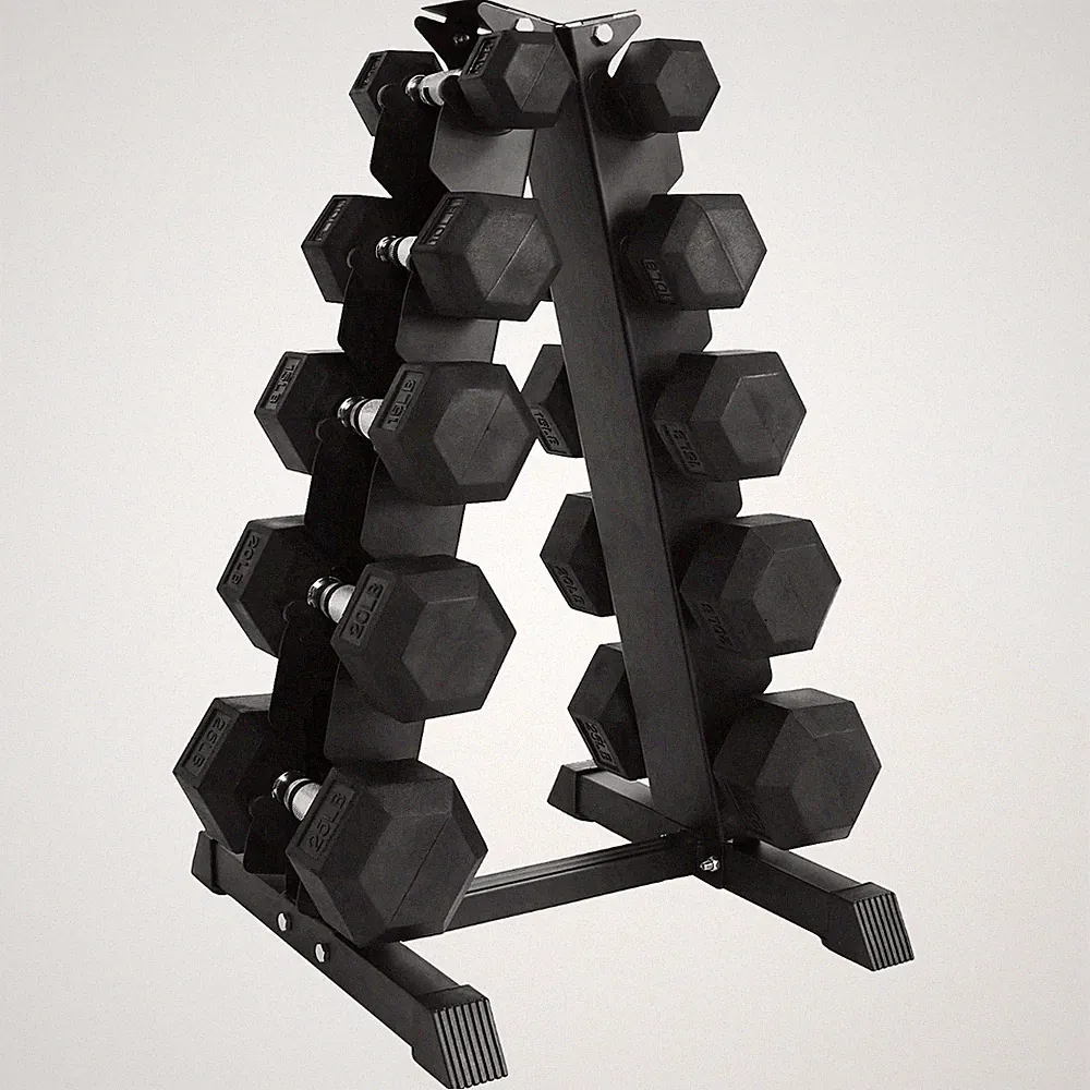 BalanceFrom 150LB Rubber Coated Hex Dumbbell Weight Set with A-Frame Rack, 5-25
