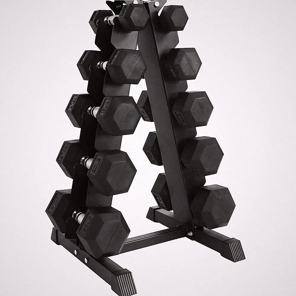 BalanceFrom 150LB Rubber Coated Hex Dumbbell Weight Set with A-Frame Rack, 5-25