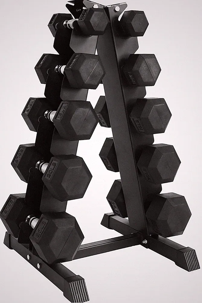 BalanceFrom 150LB Rubber Hex Dumbbell Set with A-Frame Rack, 5-25 lbs Pairs