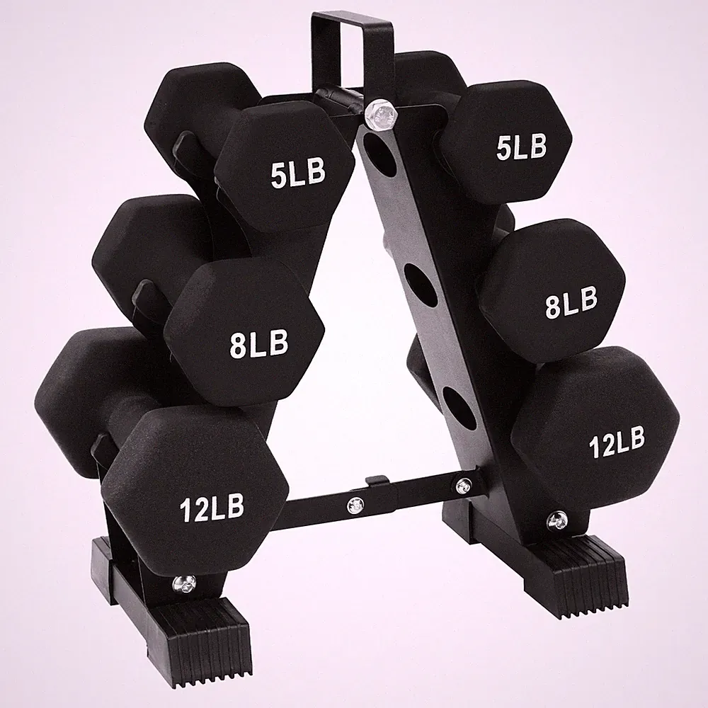 BalanceFrom Neoprene-Coated Dumbbell Set with Rack, Hex Weights, Fitness, Black