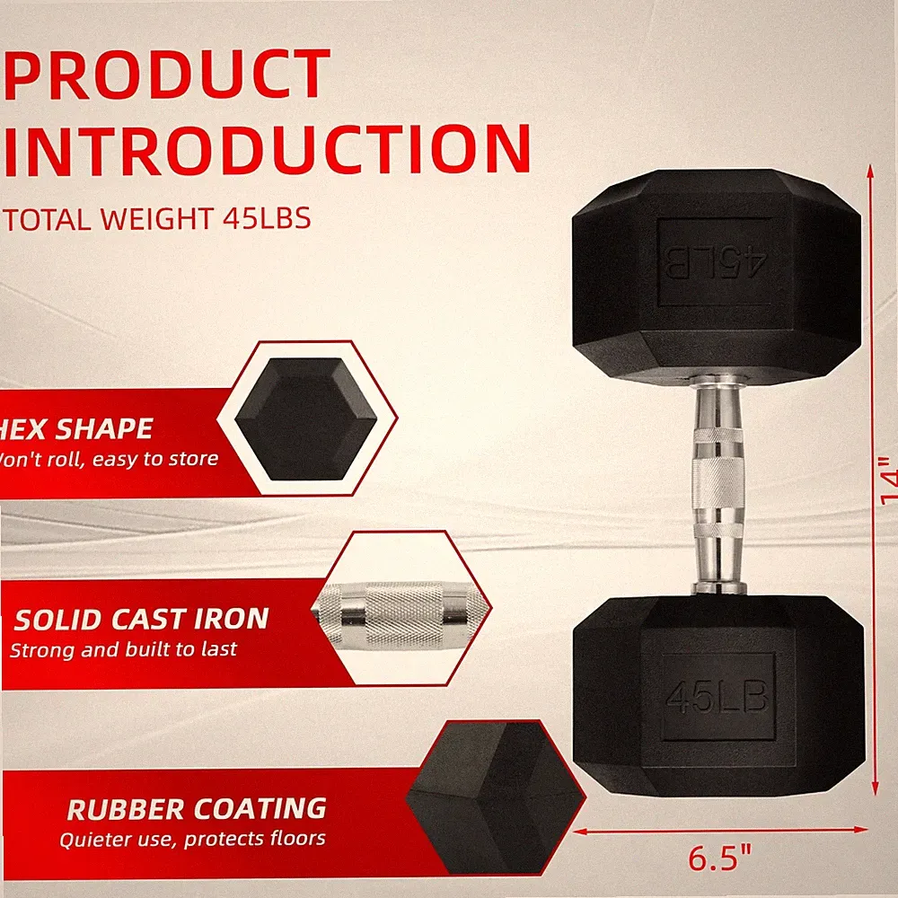 BalanceFrom Rubber Encased Hex Dumbbell, 45lbs, Single, Metal Handle