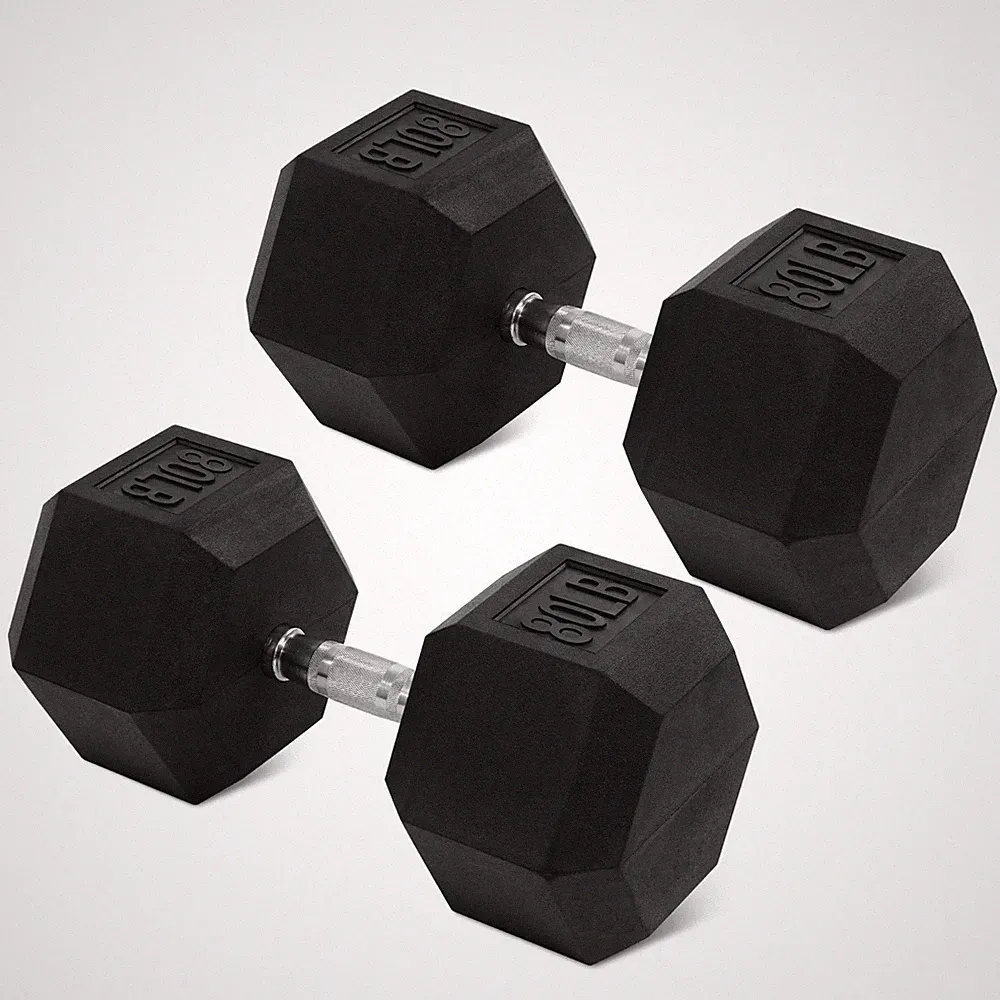 BalanceFrom Rubber Encased Hex Dumbbell, 80 lbs, Single, Black