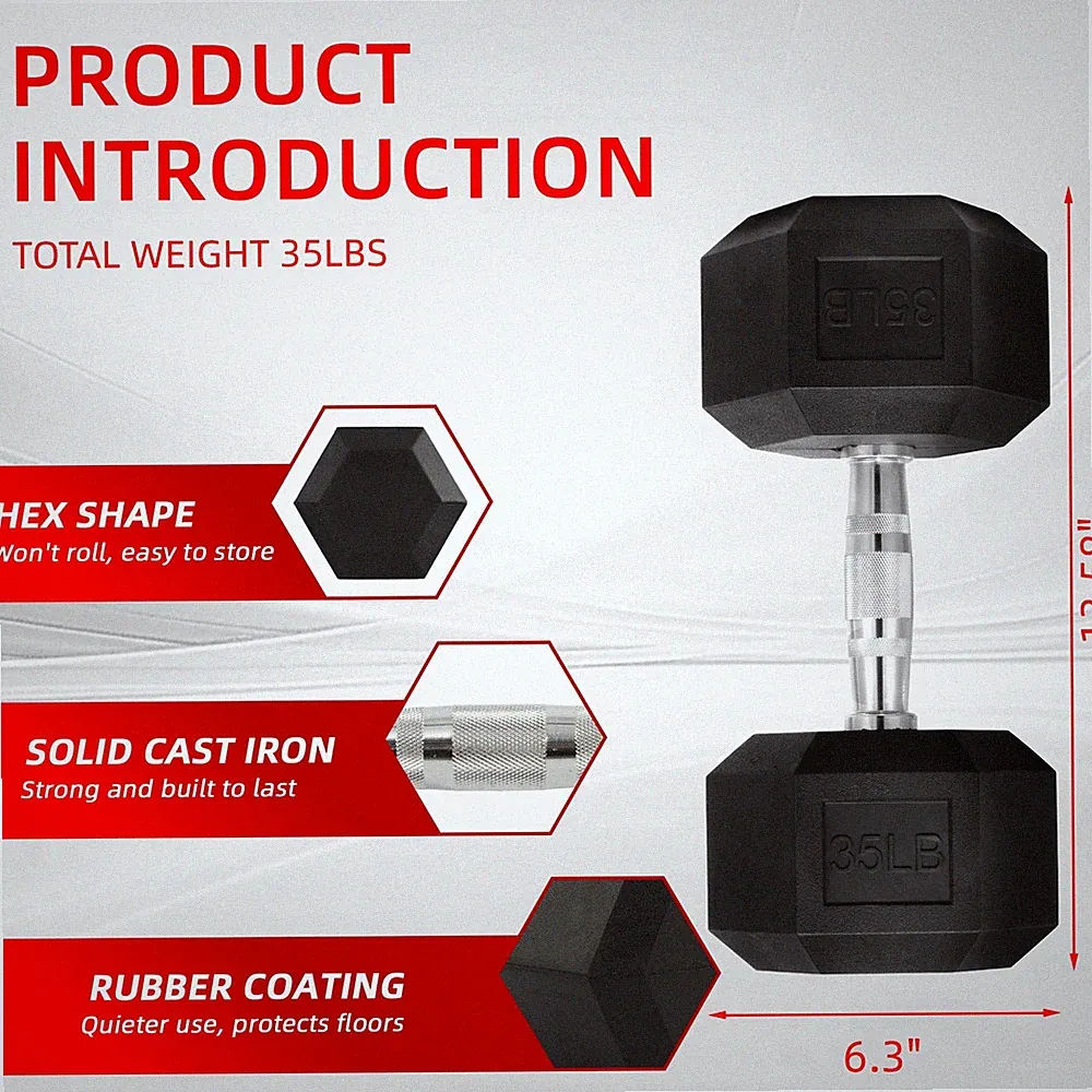 BalanceFrom Rubber Encased Hex Dumbbell, Anti-Roll, Black, 35 lb