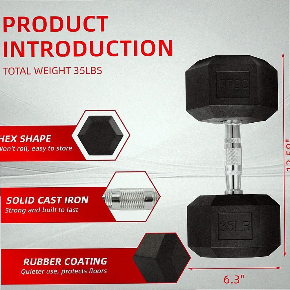 BalanceFrom Rubber Encased Hex Dumbbell, Anti-Roll, Black, 35 lb, Assembled