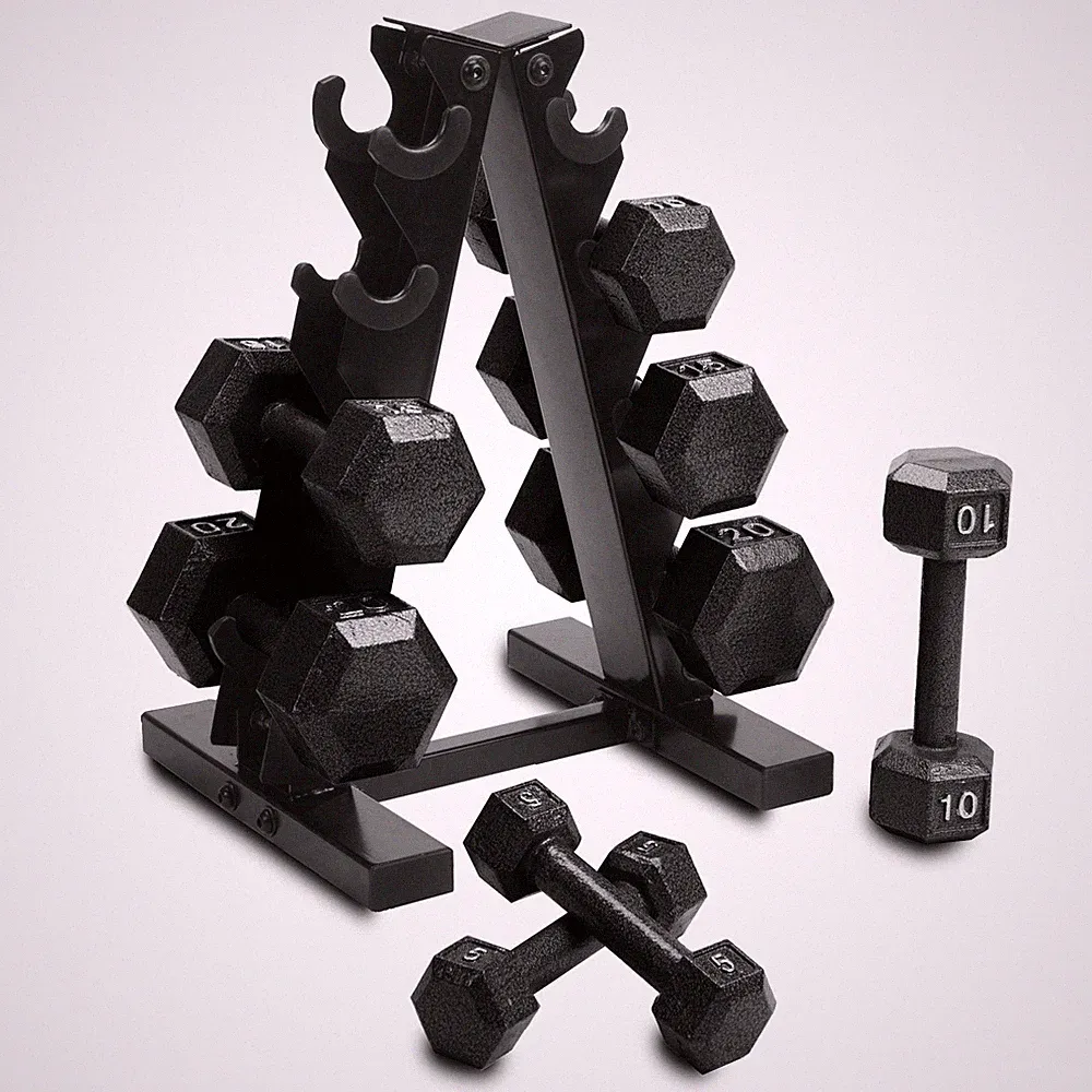 Barbell 100 Lb Cast Iron Hex Dumbbell Weight Set with Rack, Black