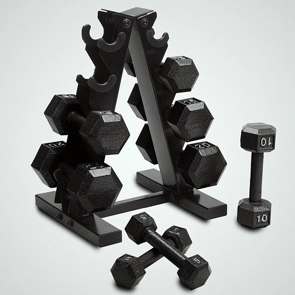 Barbell 100 Lb Cast Iron Hex Dumbbell Weight Set with Rack Black