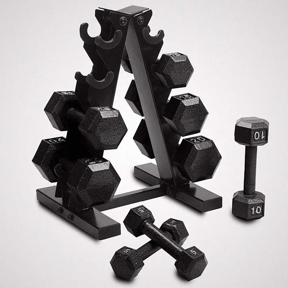 Barbell 100 Lb Cast Iron Hex Dumbbell Weight Set with Rack, Black