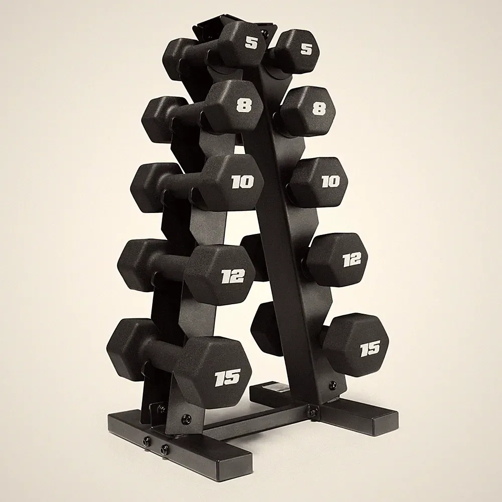 Barbell 100 lb Neoprene Hex Dumbbell Weight Set with Vertical A-Frame Rack -...