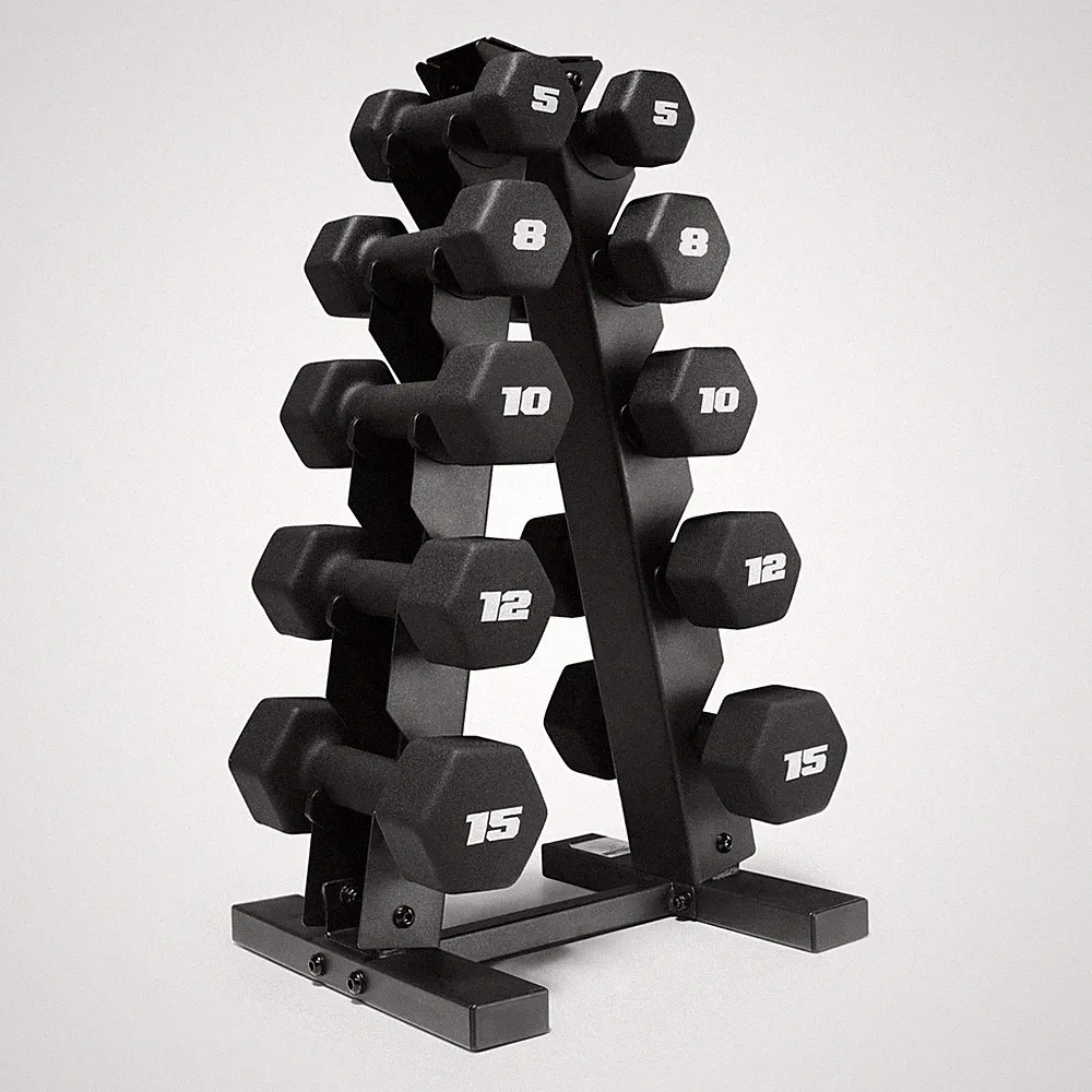 Barbell 100 lb Neoprene Hex Dumbbell Weight Set with Vertical AFrame Rack Black