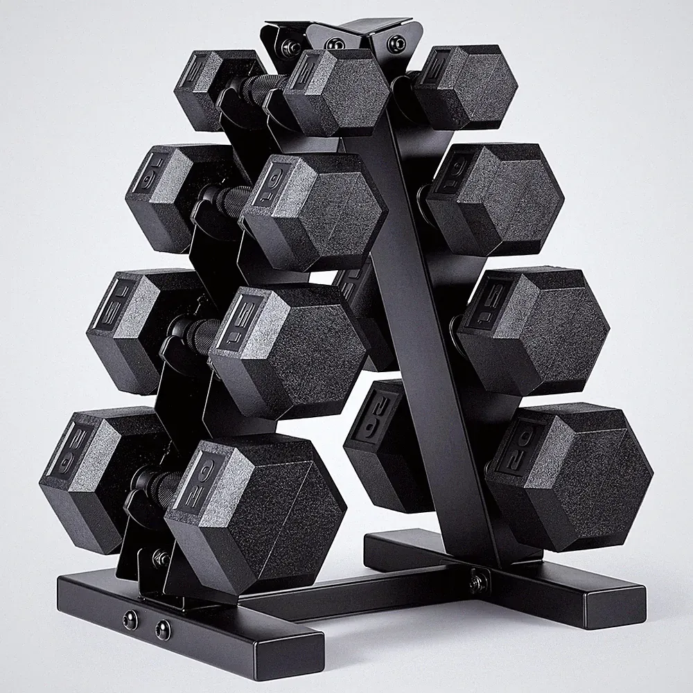 Barbell 100 lb Rubber Coated Hex Dumbbell Set with Vertical Rack, Space-Savin...