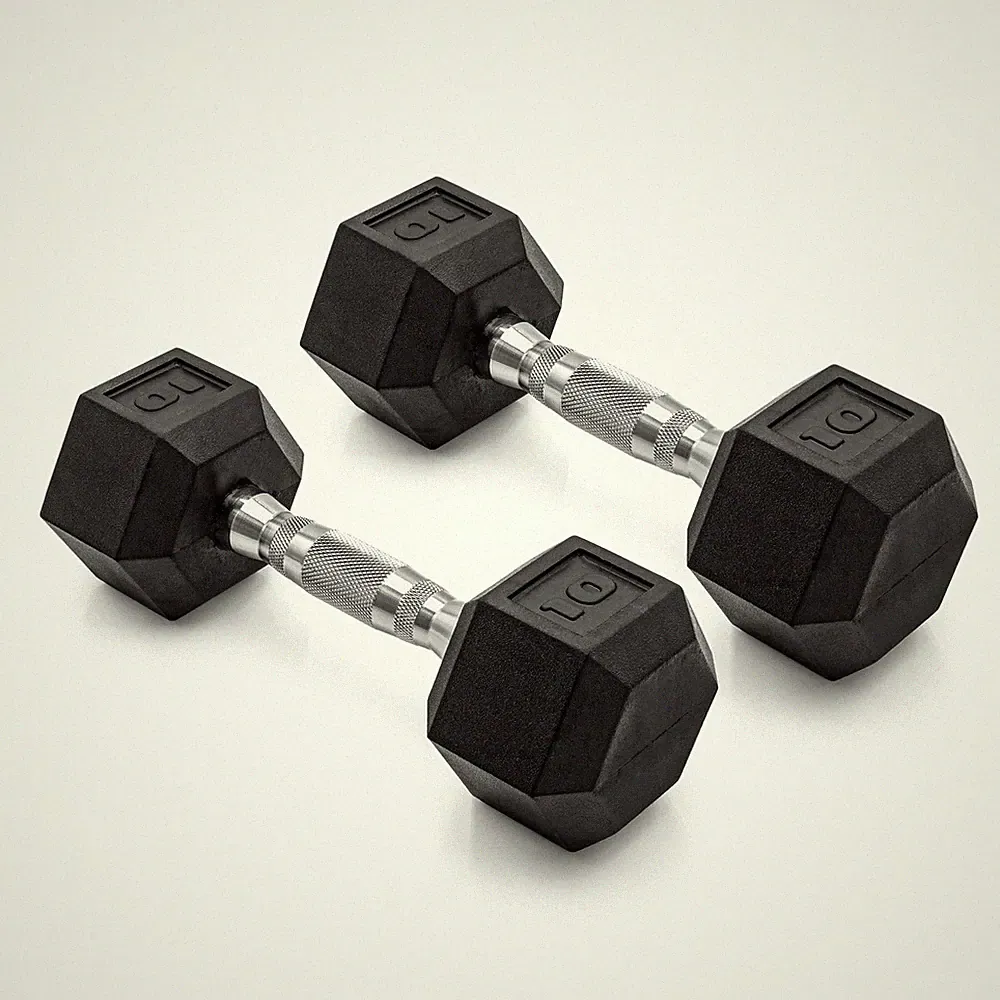 Barbell, 10lb Coated Rubber Hex Dumbbell, Pair (No-Roll Design, Ergonomic Steel)