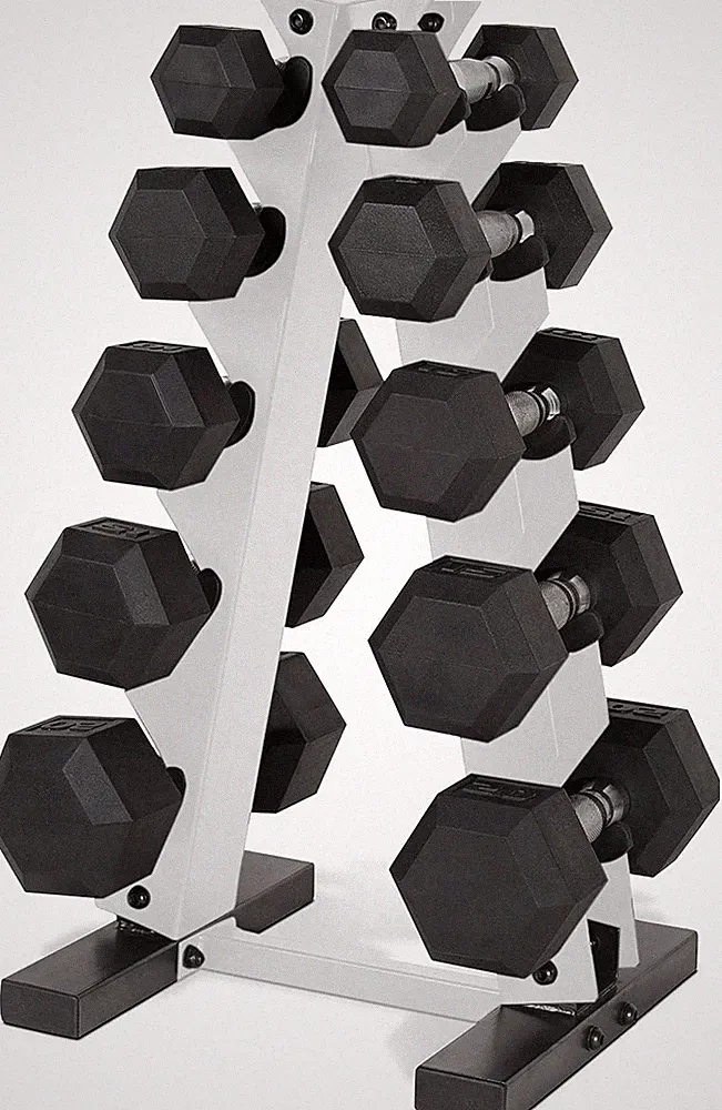 Barbell 150 LB Coated Hex Dumbbell Weight Set with Vertical Rack | Multiple Opti