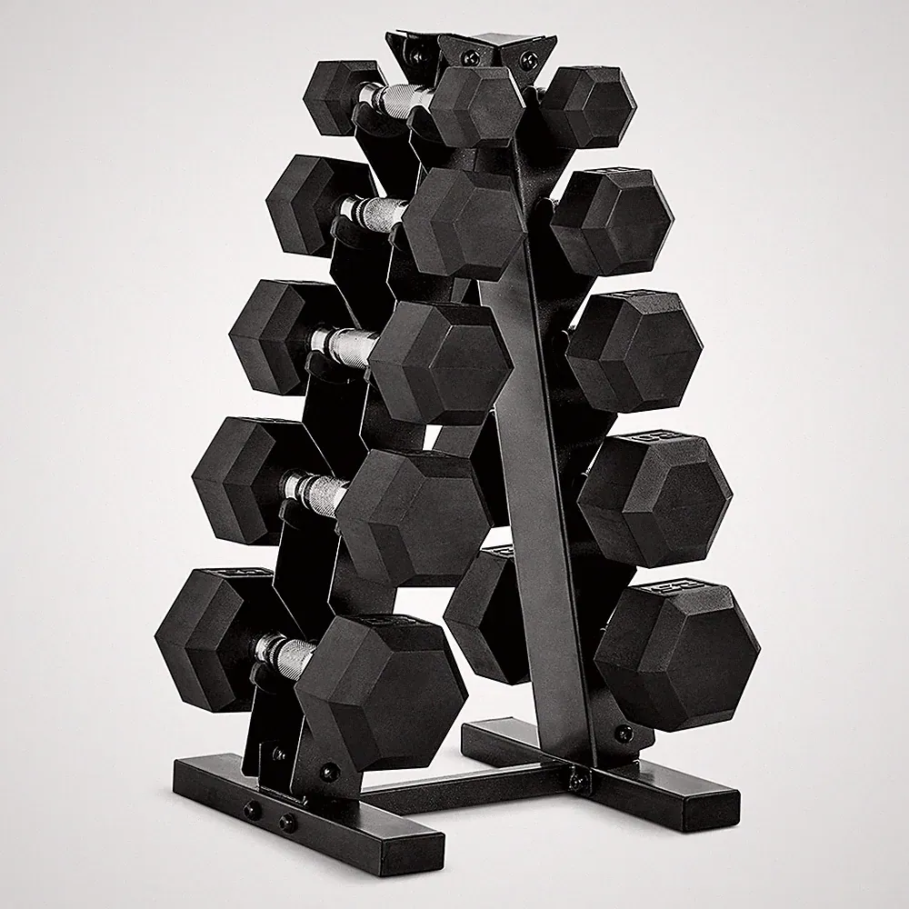 Barbell 150 lb Rubber Coated Hex Dumbbell Set with Vertical Rack, Space-Savin...