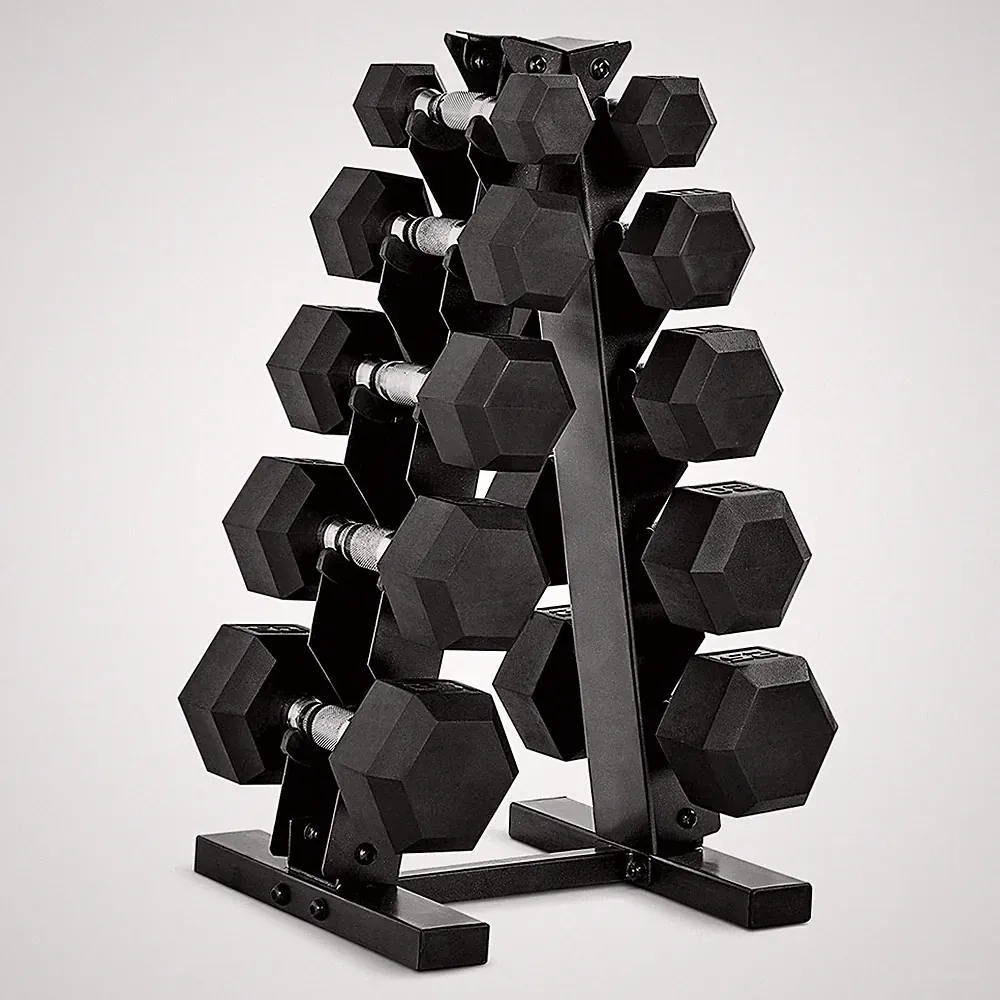 Barbell 150 lb Rubber Coated Hex Dumbbell Set with Vertical Rack, Space-Savin...