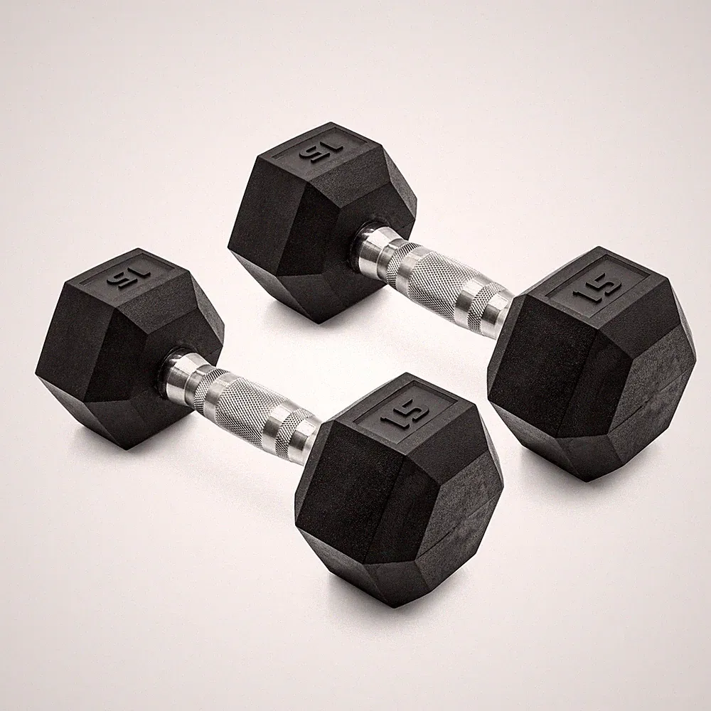 Barbell, 15lb Coated Rubber Hex Dumbbell, Pair (No-Roll Design, Ergonomic Steel)