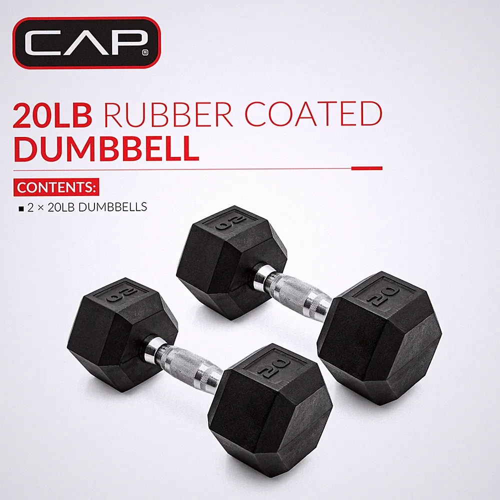 Barbell, 20Lb Coated Rubber Hex Dumbbell, Pair